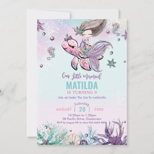 Brunette Zeemeermin Onder het Zee Verjaardagsfeest Kaart (Voorkant)