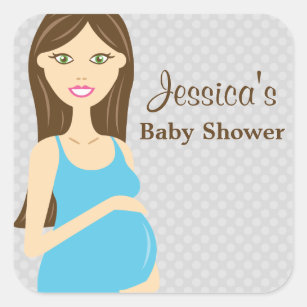 Brunette Zwangere Vrouw in Blue Dress Baby shower Vierkante Sticker