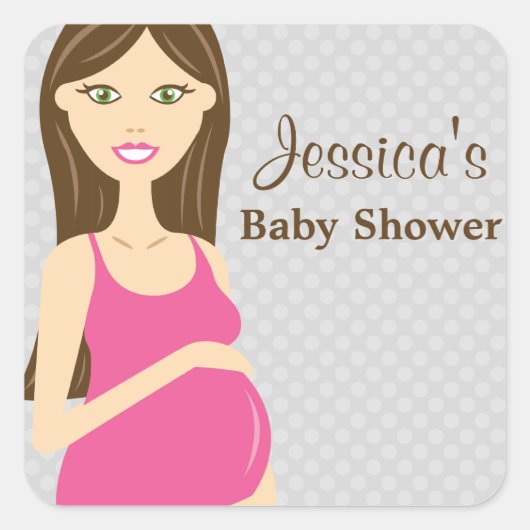 Brunette Zwangere Vrouw in Roze Baby shower Vierkante Sticker (Voorkant)