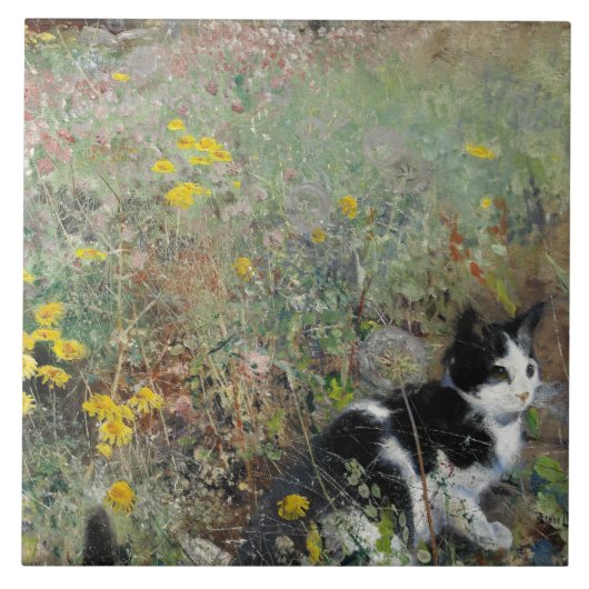 Bruno Liljefors - Kat op Flowerbed Tegeltje (Voorkant)