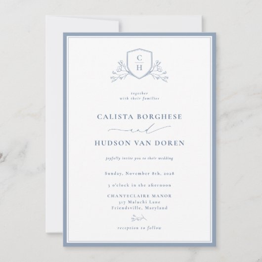 BRUNSWICK Floral Monogram Wedding Crest Invitation Kaart (Voorkant)