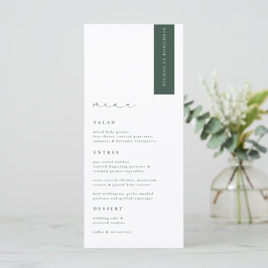 BRUNSWICK Green Modern Wedding Place Card Menu (Staand voorkant)