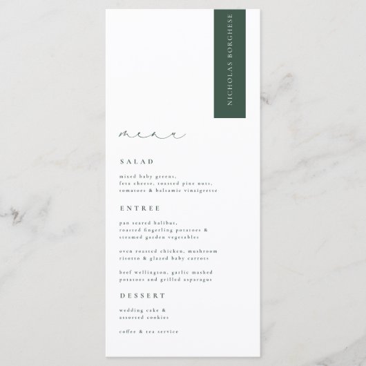 BRUNSWICK Green Modern Wedding Place Card Menu (Voorkant)