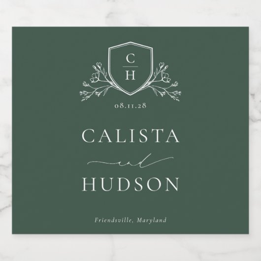 BRUNSWICK Green Monogram Crest Wedding Sparkling Wijnetiket (Enkel label)