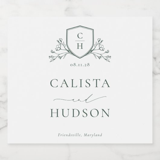 BRUNSWICK Monogram Crest Wedding Sparkling Wijnetiket (Enkel label)