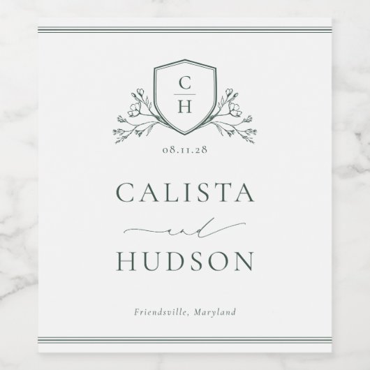 BRUNSWICK Monogram Crest Wedding Wijn Etiket (Enkel label)