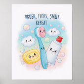 Brush, Floss, Flush, Wash Kids Bathroom Wall Art Poster (Voorkant)