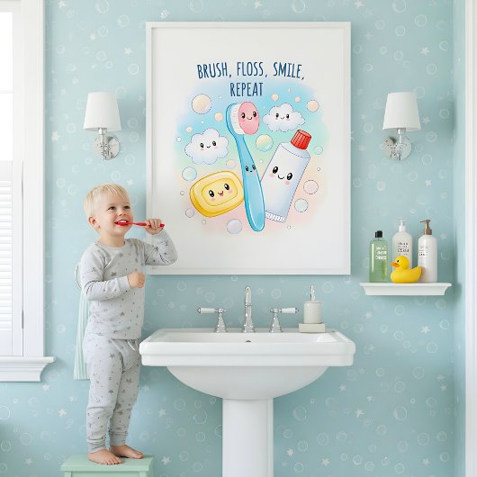 Brush, Floss, Flush, Wash Kids Bathroom Wall Art Poster