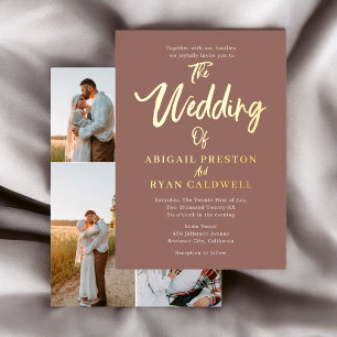 Brush Kalligrafie 4 Foto Bruin Huwelijk Folie Uitnodiging