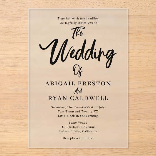 Brush kalligrafie minimalistische bruiloft acryl uitnodigingen (Voorkant)