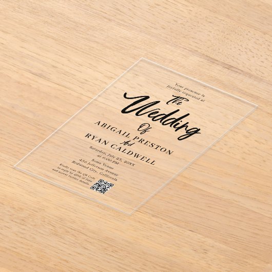 Brush Kalligrafie QR Code Trouwen Acryl Uitnodigingen (Laagn)