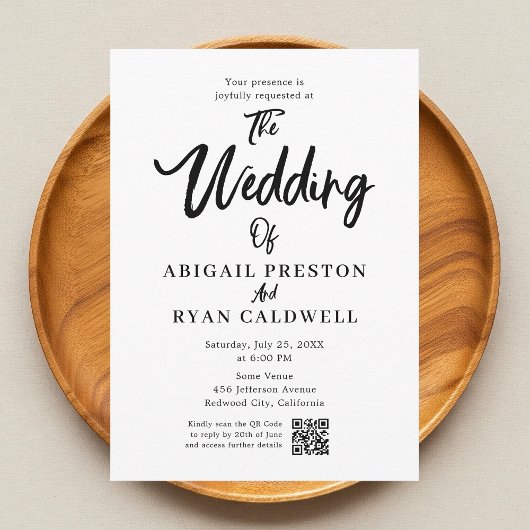 Brush Kalligrafie QR Code Witte Huwelijksuitnodigi Kaart