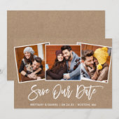 Brush Schrift 3 Foto Bewaar Onze Datum Kraft Kaart (Voorkant / Achterkant)