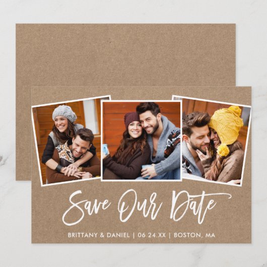 Brush Schrift 3 Foto Bewaar Onze Datum Kraft Kaart (Voorkant / Achterkant)