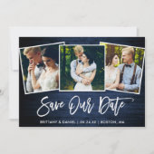Brush Schrift Blau Hout 3 Foto Save Our Date Kaart (Voorkant)