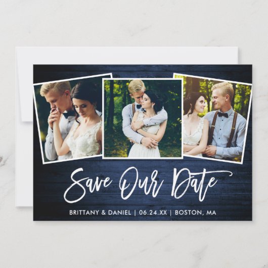 Brush Schrift Blau Hout 3 Foto Save Our Date Kaart (Voorkant)