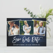 Brush Schrift Blau Hout 3 Foto Save Our Date Kaart (Staand voorkant)