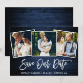 Brush Schrift Blau Hout 3 Foto Save Our Date Kaart (Voorkant / Achterkant)