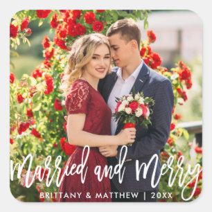 Brush Schrift Getrouwd & Blij Foto Kerstmis Vierkante Sticker