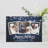 Brush Schrift Licht Rustiek Blauw Hout 3 Foto Feestdagenkaart (Staand voorkant)