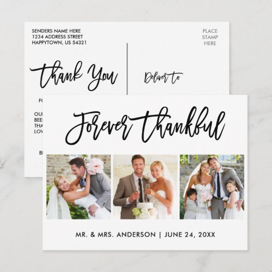 Brush Schrift Voor Altijd Dankbaar 3 Foto Huwelijk Briefkaart (Voorkant / Achterkant)