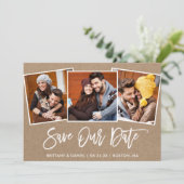 Brush Script 3 Foto Bewaar Onze Datum Kraft Kaart (Staand voorkant)