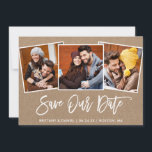 Brush Script 3 Foto Bewaar Onze Datum Kraft Kaart<br><div class="desc">Moderne Brush Script Rustieke Hout Koppel 3 Foto Bewaar Onze Datum Verlovingsaankondiging Kraft Kaart</div>
