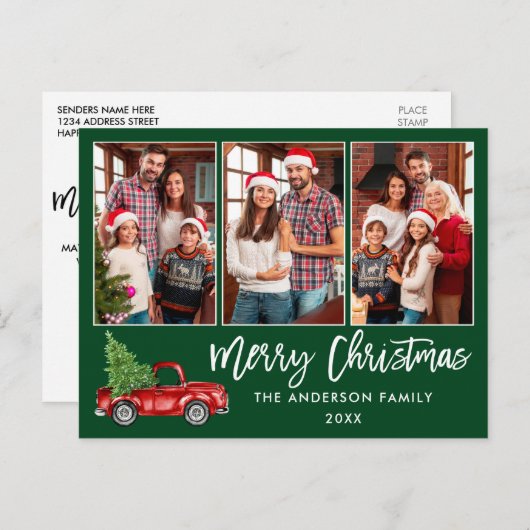 Brush Script 3 Foto Kerst  Truck Groen Briefkaart (Voorkant / Achterkant)