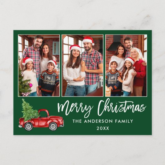 Brush Script 3 Foto Kerst  Truck Groen Briefkaart (Voorkant)