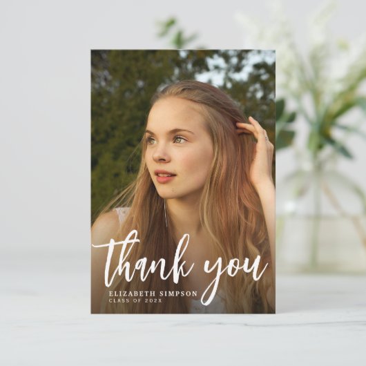 Brush Script afstuderen dank u fotokaart Bedankkaart (Staand voorkant)