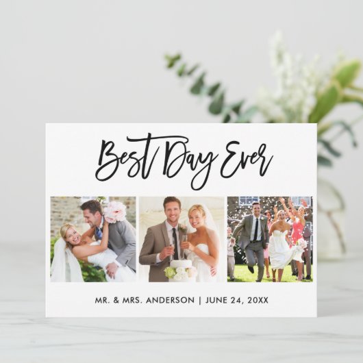Brush Script Beste Dag Ooit 3 Fotobruiloft Bedankkaart (Staand voorkant)