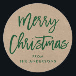 Brush Script Christmas Kraft Green Gift Sticker<br><div class="desc">Matig penseelscript voor kerstcadeautjes</div>