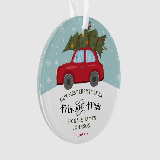 Brush Script Eerste Kerstmis Rode Auto Ornament (voorkant)