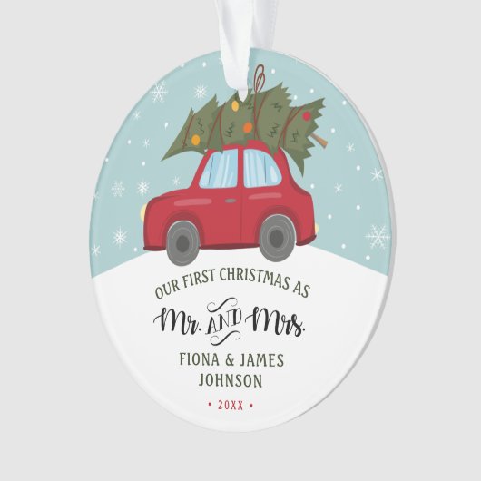 Brush Script Eerste Kerstmis Rode Auto Ornament (voorkant)