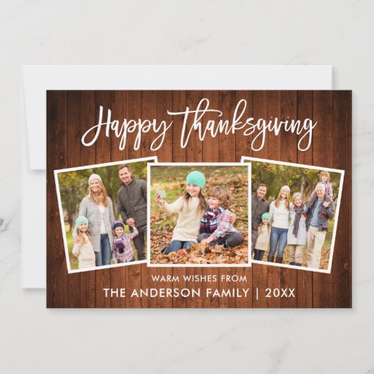 Brush Script Gelukkig Thanksgiving Hout 3 Foto Feestdagenkaart (Voorkant)