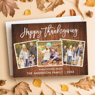 Brush Script Gelukkig Thanksgiving Hout 3 Foto Feestdagenkaart