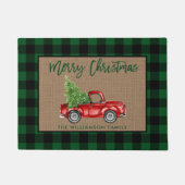 Brush Script Green Plaid Burlap Christmas Truck Deurmat (Voorkant)