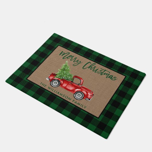 Brush Script Green Plaid Burlap Christmas Truck Deurmat (Schuin)