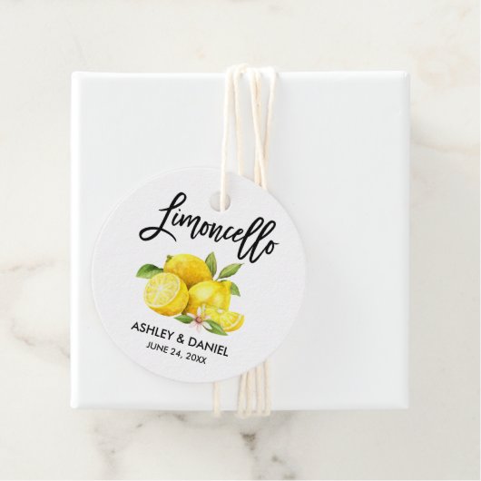 Brush Script Lemons Bruiloft Limoncello Ronde Labe Bedankjes Labels (In situ)