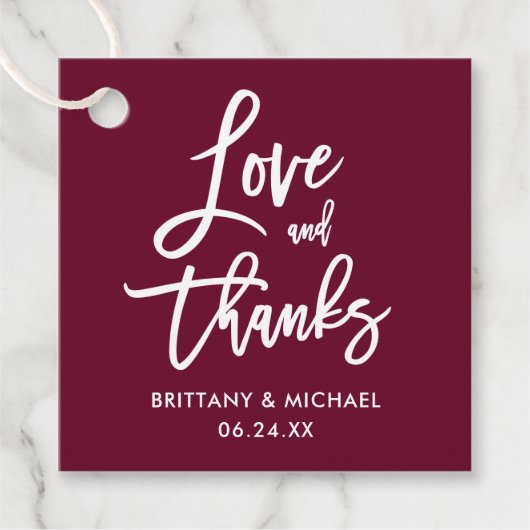 Brush Script Liefde en Bedankt Bourgondische bruil Bedankjes Labels (Voorkant)