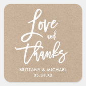 Brush Script Liefde en Bedankt Kraft Envelope Seal Vierkante Sticker (Voorkant)