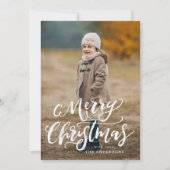 Brush Script Prettig Kerstmis Rood Geruit 3 Foto Feestdagenkaart (Voorkant)
