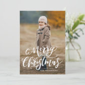 Brush Script Prettig Kerstmis Rood Geruit 3 Foto Feestdagenkaart (Staand voorkant)