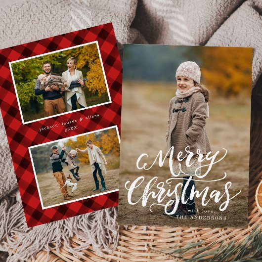 Brush Script Prettig Kerstmis Rood Geruit 3 Foto Feestdagenkaart