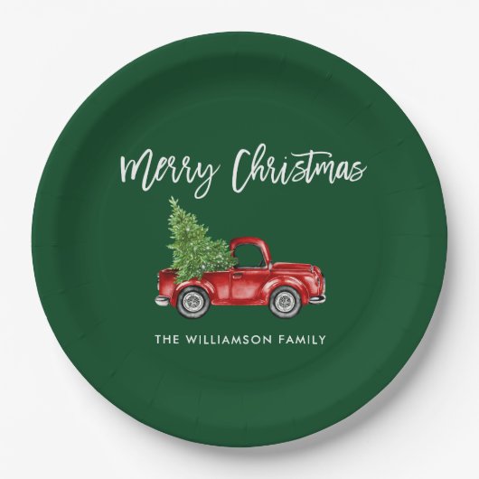 Brush Script  Rode Vrachtwagen Kerst Groen Papieren Bordje (Voorkant)