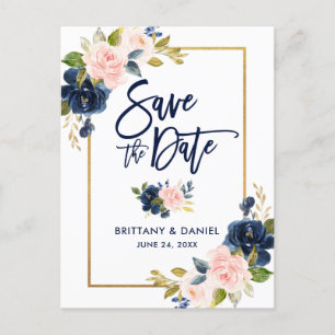 Brush Script Roze Blauw Bloemen Goud Save the Date Aankondigingskaart