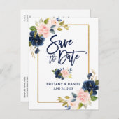 Brush Script Roze Blauw Bloemen Goud Save the Date Aankondigingskaart (Voorkant / Achterkant)
