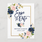 Brush Script Roze Blauw Bloemen Goud Save the Date Aankondigingskaart (Voorkant)