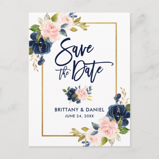 Brush Script Roze Blauw Bloemen Goud Save the Date Aankondigingskaart (Voorkant)