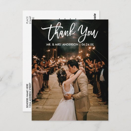 Brush Script Trouwfoto Bedankt Modern Briefkaart (Voorkant / Achterkant)